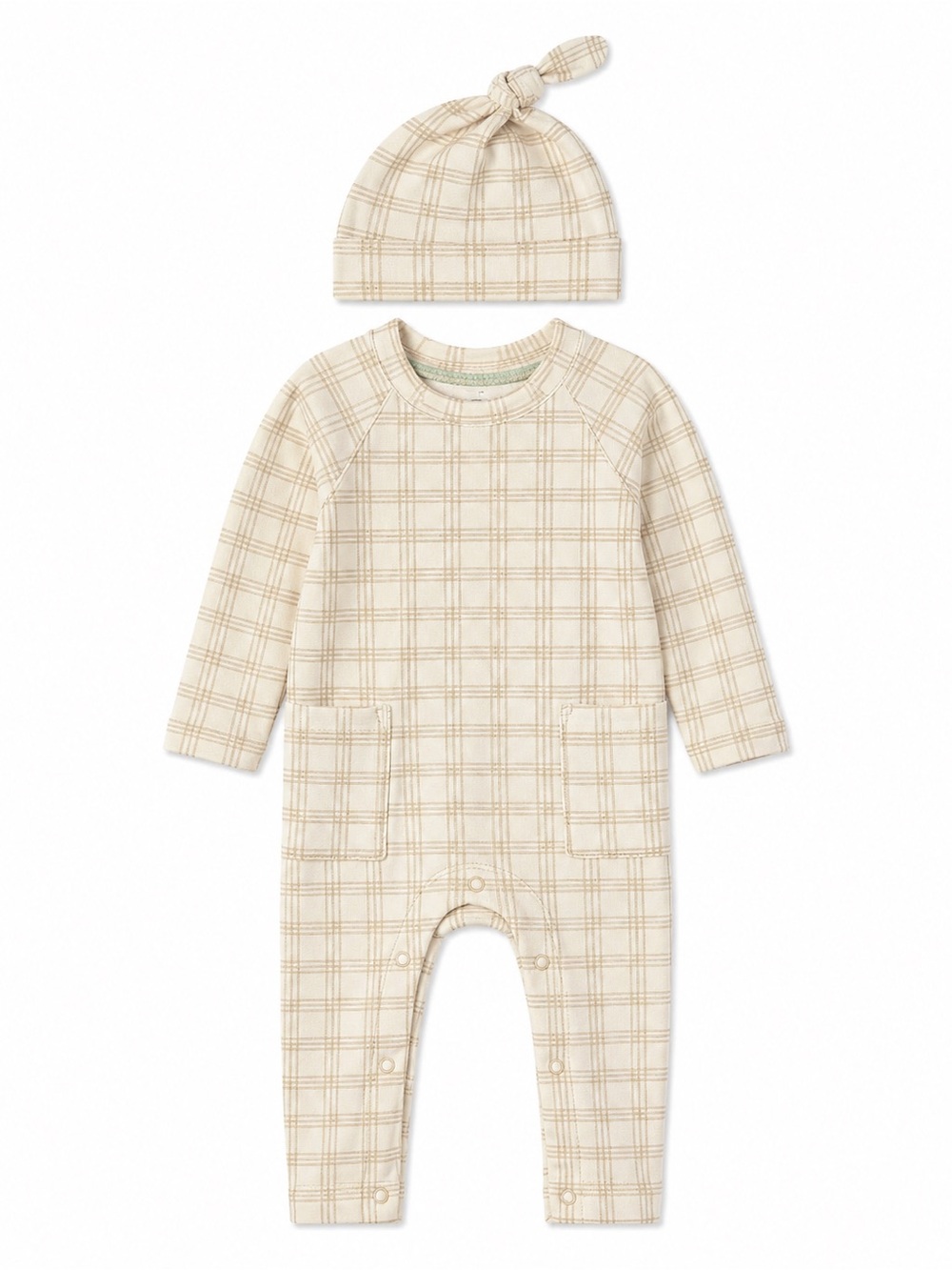 cloud island Cream Plaid One-Piece with Matching Knotted Hat